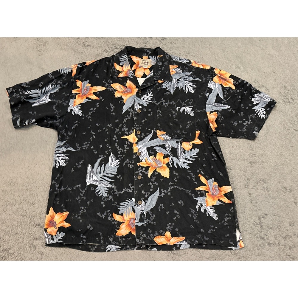 Red Turtle Mens Hawaiian Shirt Large Black Orange Floral Rayon Camp Button Down